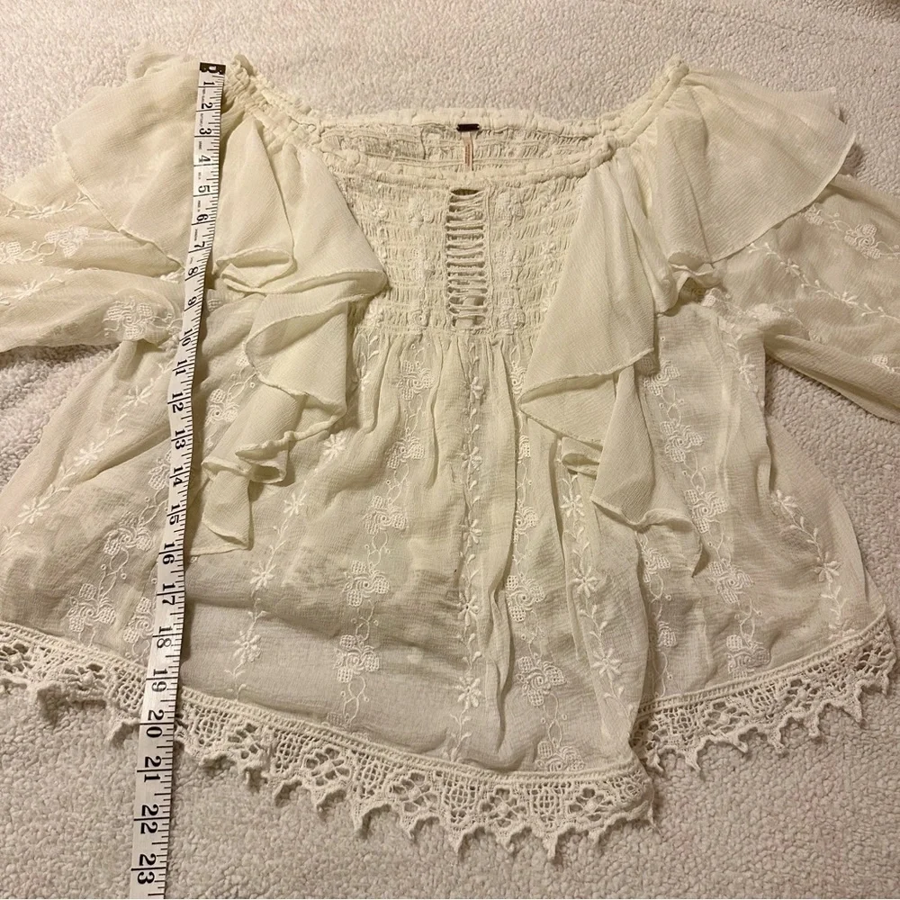 Free People Cream Lace Peasant Blouse with Ruffled Shoulders